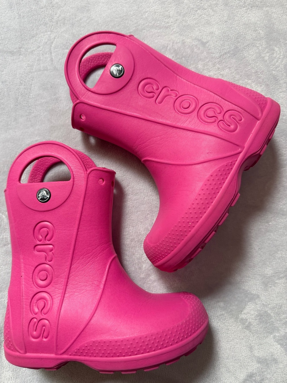 Crocs Kids Vibrant Hot Pink Rain Rubber Boots Puddles Pull Handles Size C12